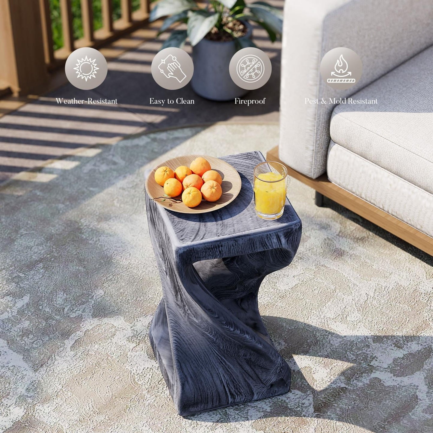 MOALCOFER Concrete Outdoor Side Table,Square Twisted Patio Side Table with Faux Wood Grain