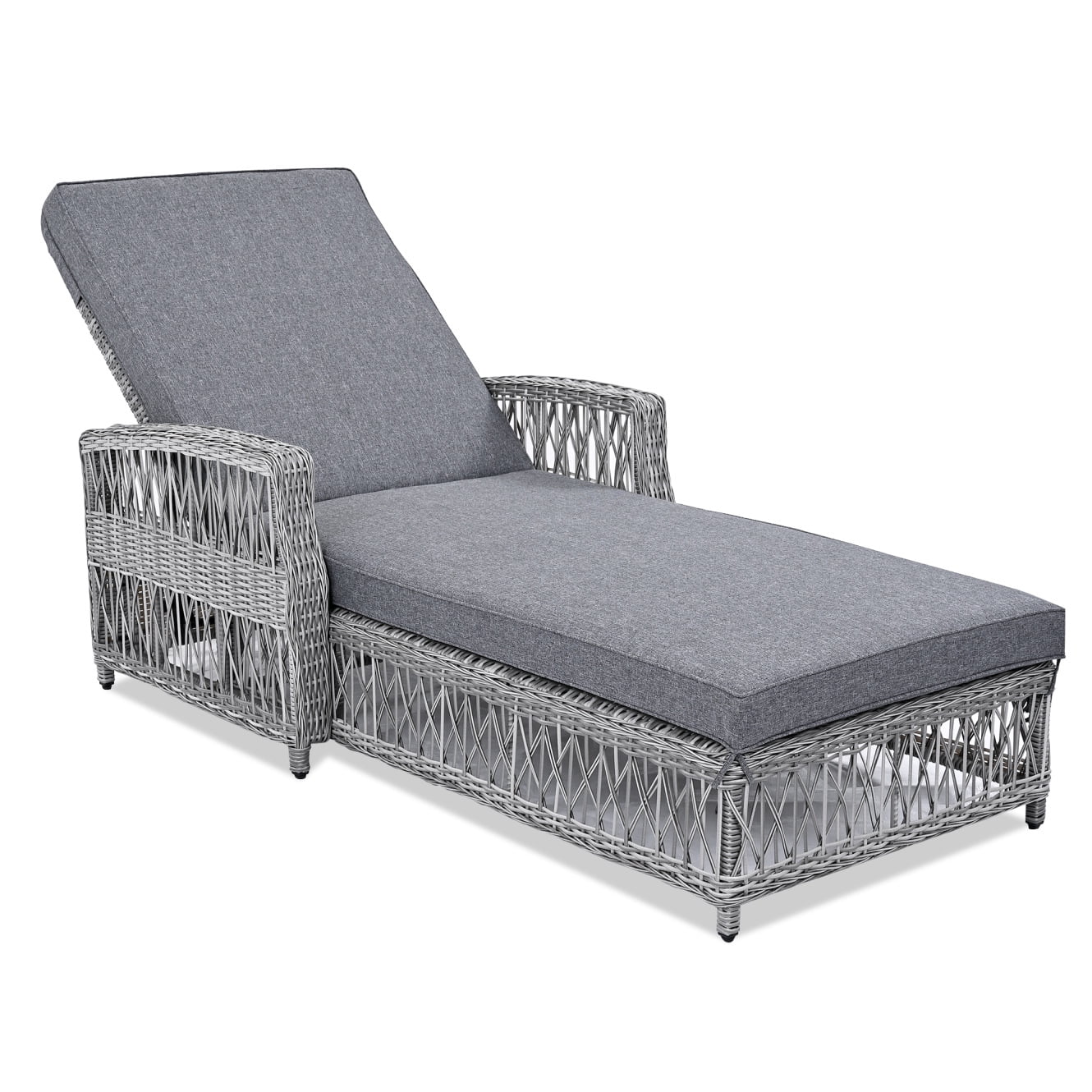 Outdoor Long Reclining Chaise, Wicker Lounge Chairs with 4 Level Position Adjustable Backrest, All Weather Patio Recliner with Armrests & Removable for Poolside Garden, Grey