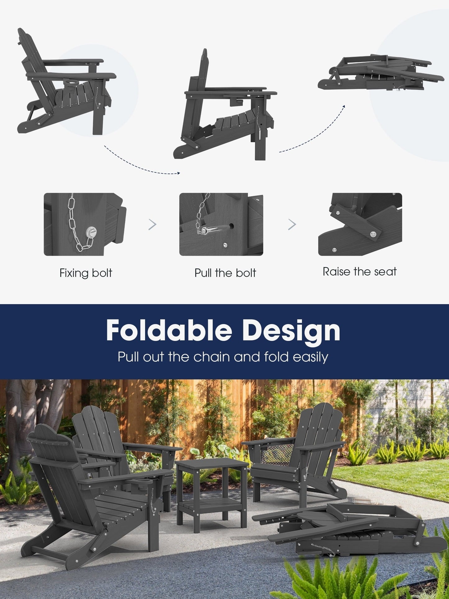 KINGYES Folding Adjustable Backrest Adirondack Chair With Cup Holder, Oversized Weather Resistant HDPE Reclining for Adults, Blue