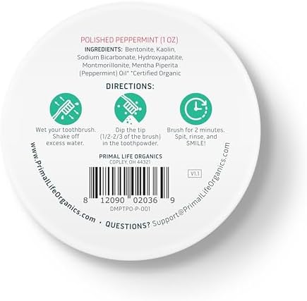 Primal Life Organics - Dirty Mouth Toothpowder, Tooth Cleaning Powder, Flavored Essential Oils with Natural Kaolin & Bentonite Clay, Good for 200+ Brushings, Paleo, Organic, Vegan (Peppermint, 1 oz)