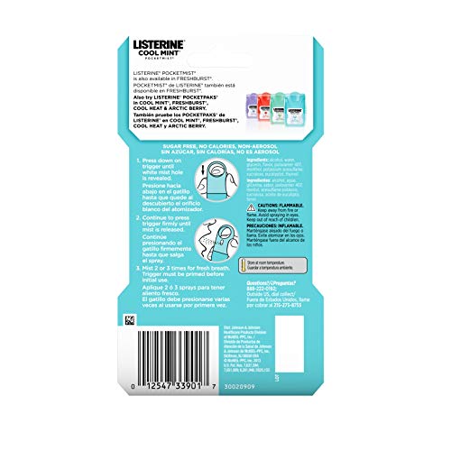 Listerine Cool Mint Pocketmist, Oral Care Mist for Fresh Breath, Non-Aerosol Sugar-Free Minty Bad Breath Refresher Spray to Kill 99% of Bad Breath Germs, Portable, Cool Mint Flavor, 7.7 mL