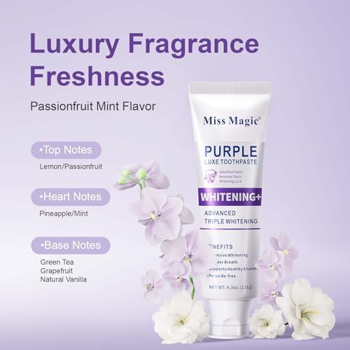 Miss Magic Purple Luxe Whitening Toothpaste – Fluoride Free,Color Correcting,Probiotic Oral Care,Fights Stains,Freshens Breath,Brightens Yellow Teeth,Supports Enamel Health 4.3oz
