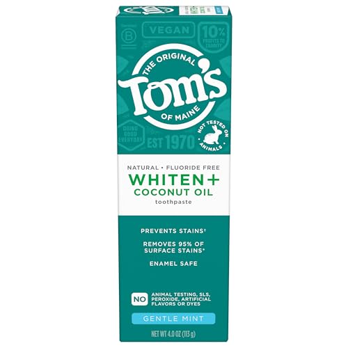 Tom's of Maine Whiten Plus Coconut Oil Fluoride Free Toothpaste, Natural Whitening Toothpaste with Plant-Based Cleansers, Whitens Without Causing Sensitivity, Gentle Mint, 4.0 Oz (Pack of 3)