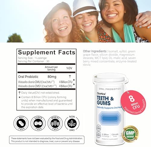 Teeth & Gums Dental Probiotic, 8 Billion CFU - Naturally Supports Oral Health, Fresh Breath, and Immunity, Oral Probiotic Supplement, Grape Flavor 30 Lozenges 1-PK