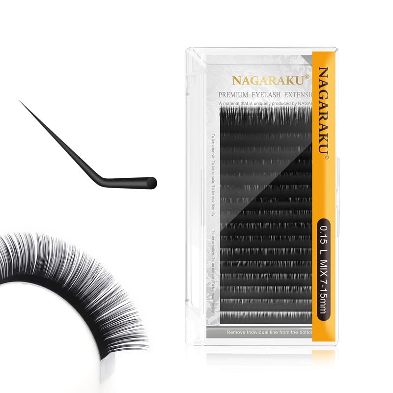 Nagaraku Eyelash Extension Individual Lashes 0.15 L Curl 7-15Mm Mix Tray Classic Faux Mink 16 Rows Matte Black Soft Natural