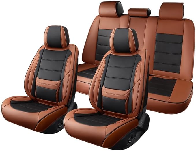 Car Seat Covers Full Set Custom Fit for Pontiac Vibe 2003-2010-Luxury Leather with Lumbar Support, Breathable, Waterproof, Anti-Slip, Durable, Easy to Install (BlackBrown,Full Set)