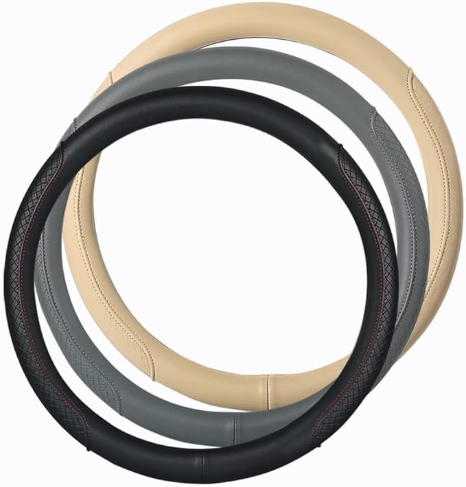 VARGTR Microfiber Leather Steering Wheel Cover with Classic Embossing, Anti-Slip Breathable Auto Car Wheel Protector, Fit 15 Inch (Beige)