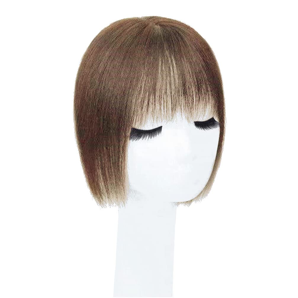 Middle Part Silk Part Base Human Hair Topper 7x10cm Crown Straight Clip in Hairpiece with Wispy Fringe 20cm Medium Brown