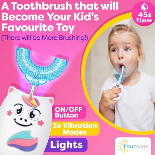 Trueocity Kids U Shape Toothbrush Auto Electric Toddler Rechargeable Kids Automatic Toothbrush | 360° U-Shaped Silicone Brush Head | Gentle Cleaning for Ages 2–7 | Unicorn Design (Pink)