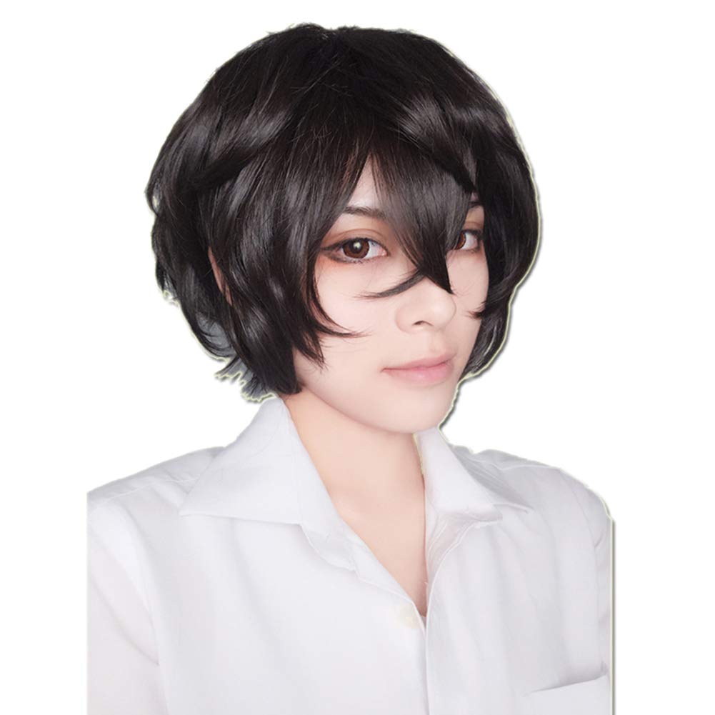 Sunxxcos Curly High Temperature Fiber For Male Dark Brown Short Cosplay Wigs Synthetic (Dazai Osamu)
