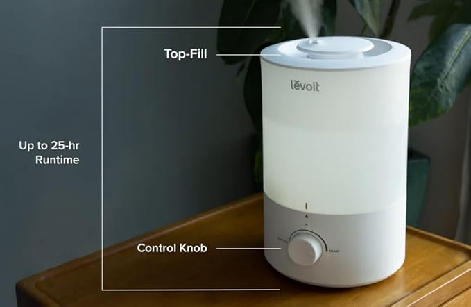 LEVOIT Humidifiers for Bedroom, Quiet (3L Water Tank) Cool Mist Top Fill Essential Oil Diffuser with 25Watt for Home Large Room, 360ยฐ Nozzle, Rapid Ultrasonic Humidification for Baby Nursery and Plant