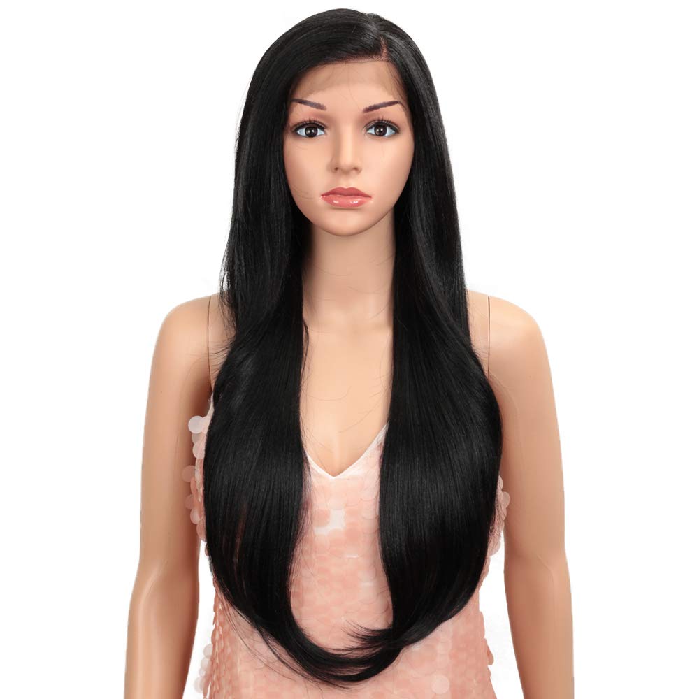Style Icon Easy-360 Lace Wigs 28'' Free Part Lace Frontal Wigs Long Straight Wig Black Synthetic Wig(28'', 1B)