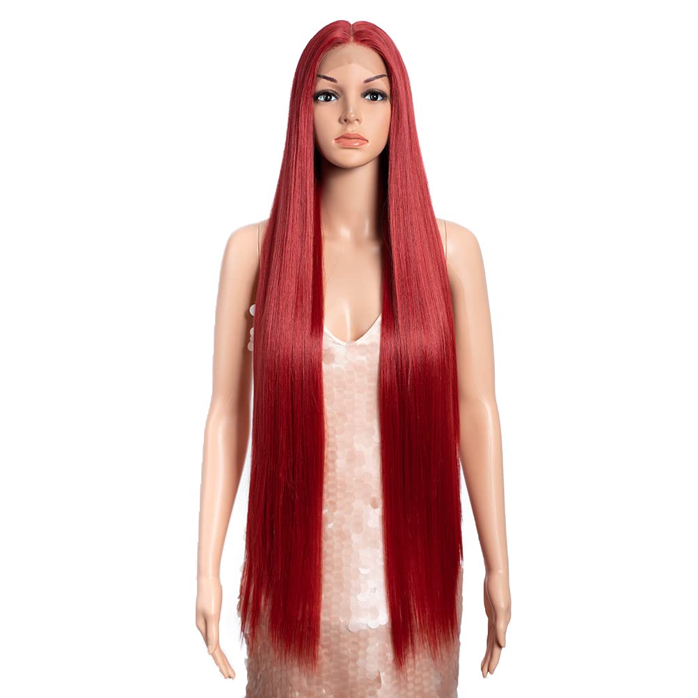 Style Icon 38'' Super Long Straight Wigs Lace Front Wigs 6'' Deeper Middle Part Lace Hairline (38'', M.Red Color)