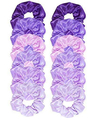 Jaciya 12 Pack Elastics Band Hair Scrunchies Purple Satin Scrunchy Elastic Hair Bobbles Scrunchies Hair Ties Ponytail Holder Hai