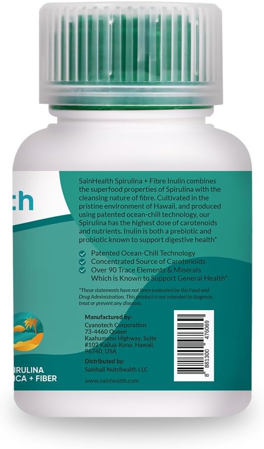 Spirulina + Fibre Inulin - Herbal Supplement, Spirulina Added Fiber Vegan Tablets for Digestive Health, 600mg Spirulina, Vegan & GMO Free (180 Tablets)