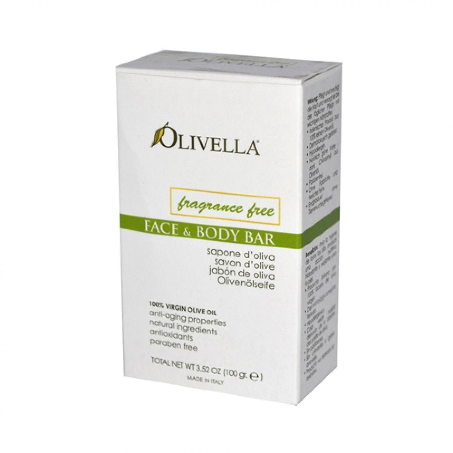 Bar Soap 100% Virgin Olive Oil Fragrance Free Olivella 3.5 Oz Bar Soap