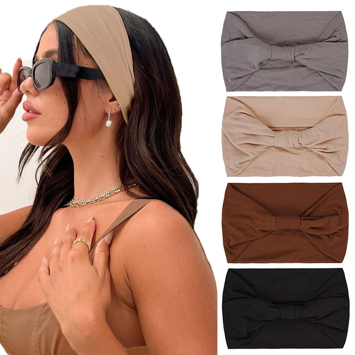 Kahanaa 4 Pcs Wide Headbands For Women Soft Stretchy Turban Headband Hair Bands Head Bands Hair Wraps With Twisted Knots For Yog