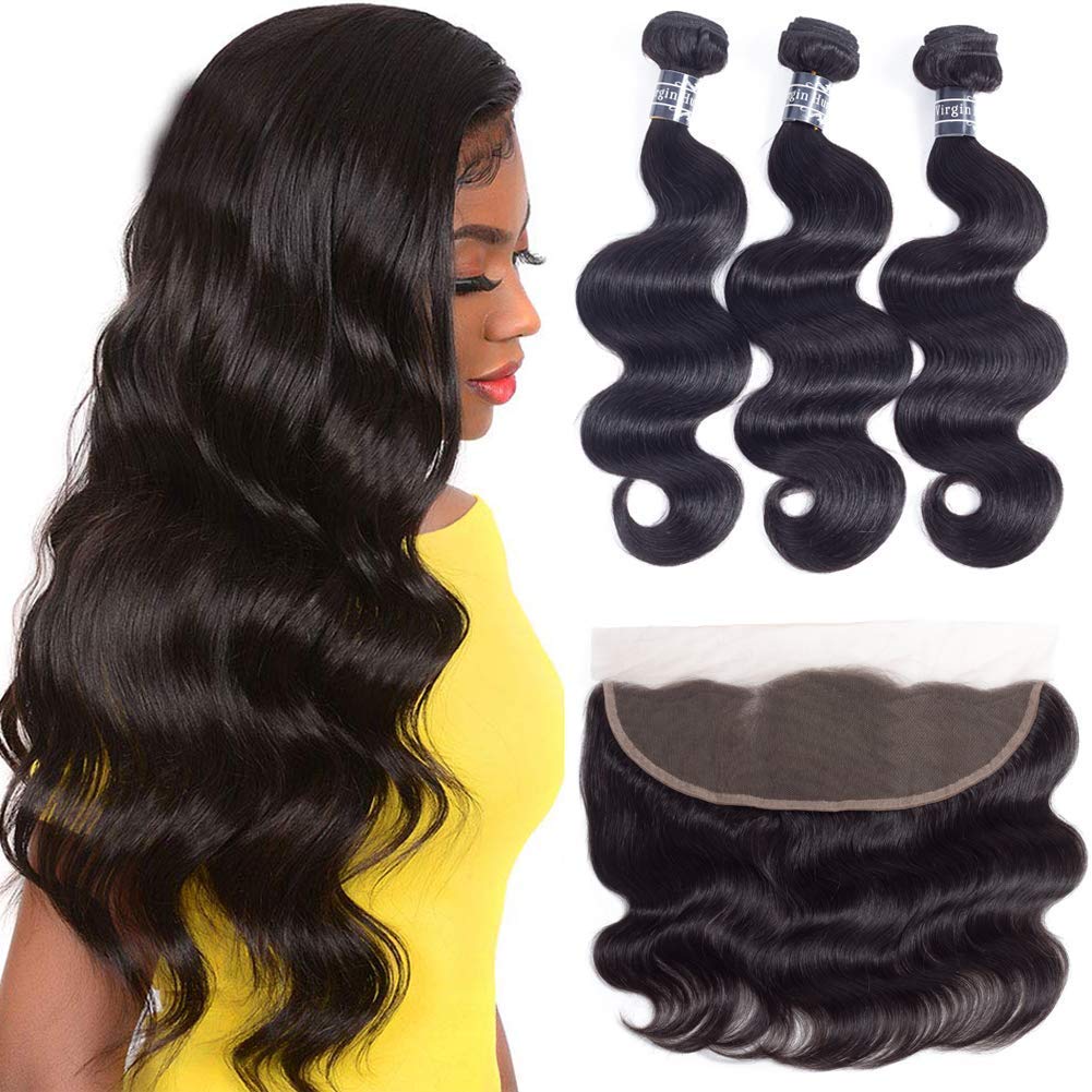 Amella Hair 8A Unprocessed Brazilian Human Hair Bundles With Frontal Closure (16 18 20+16Frontal,Natural Black) Brazilian Body W