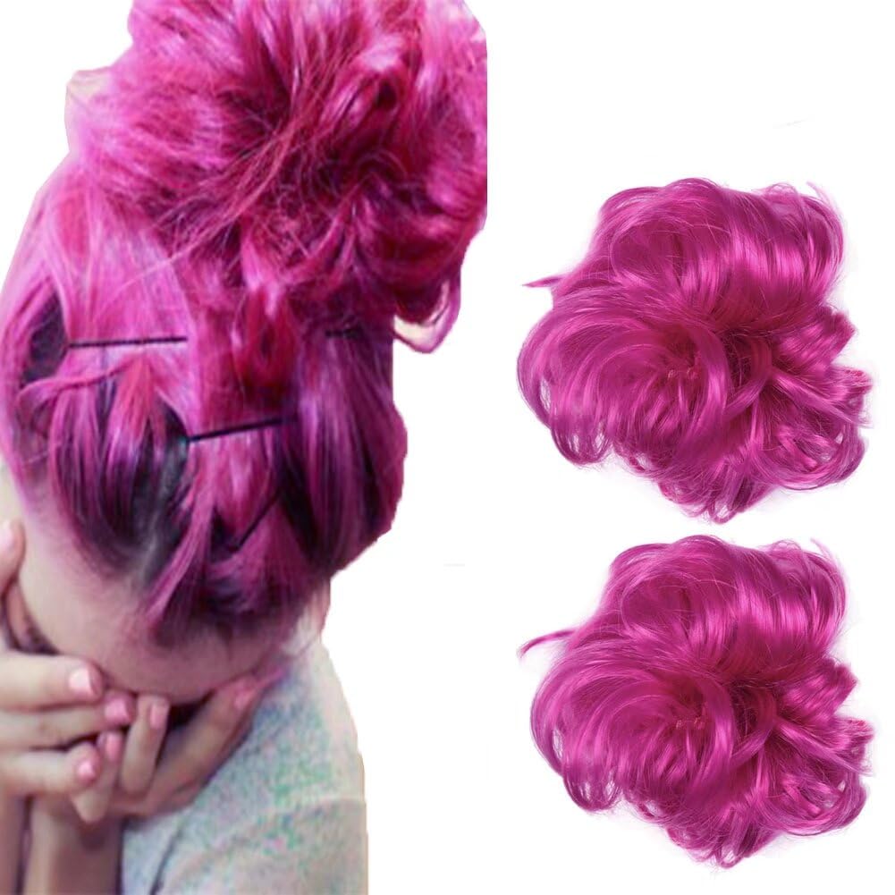 Iluu Hot Pink Color Messy Hair Bun Chignons Synthetic Hair Extensions Wavy Updo Scrunchy Hairpieces Hair Extension For Beauty Wo