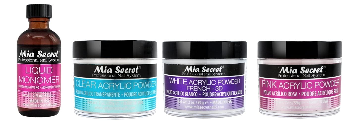 Mia Secret Liquid Monomer 2 Oz And Powder 2 Oz X 3 (Clear + White + Pink)