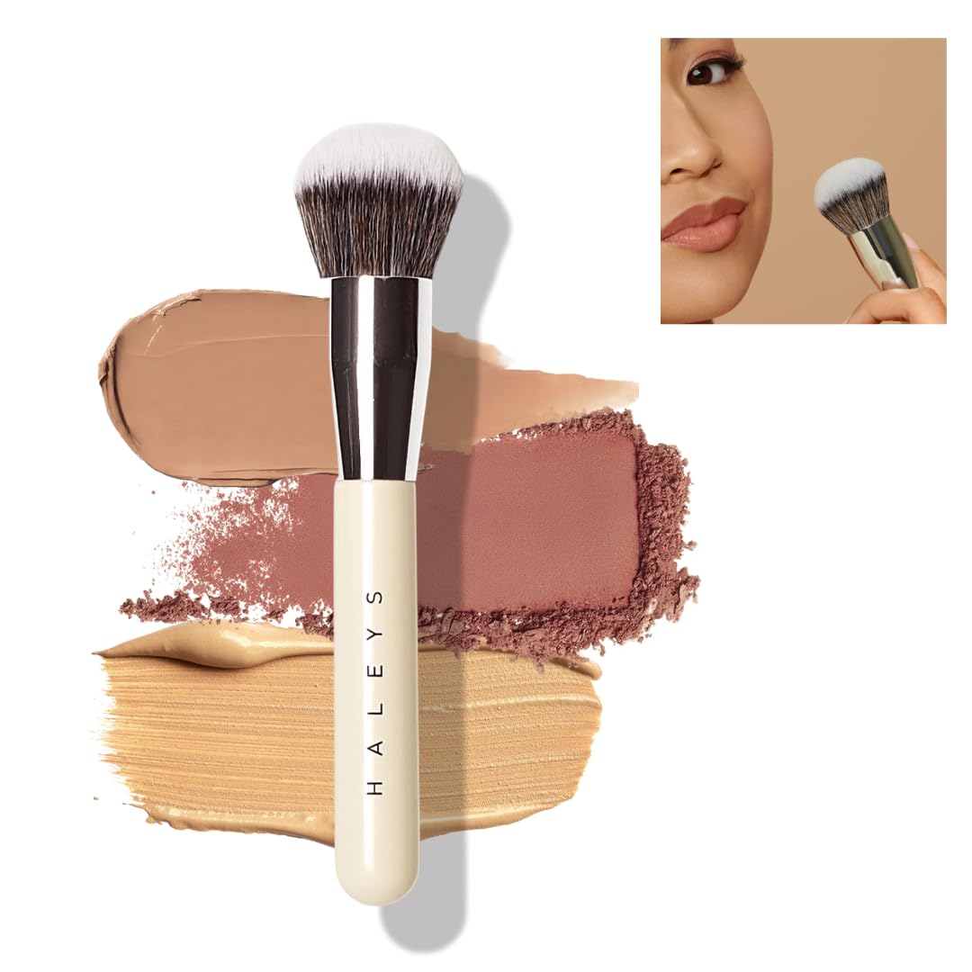Haleys Kabuki Makeup Brush Vegan+Cruelty-Free, Sustainable Wood, Vegan Bristles For Airbrushed Finish, For Creams, Liquids, Powd