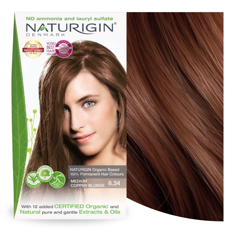 Naturigin Permanent Hair Dye, 6.34 Medium Copper Blonde, Ammonia And Paraben Free, Up To 100% Gray Hair Coverage, Long Lasting,