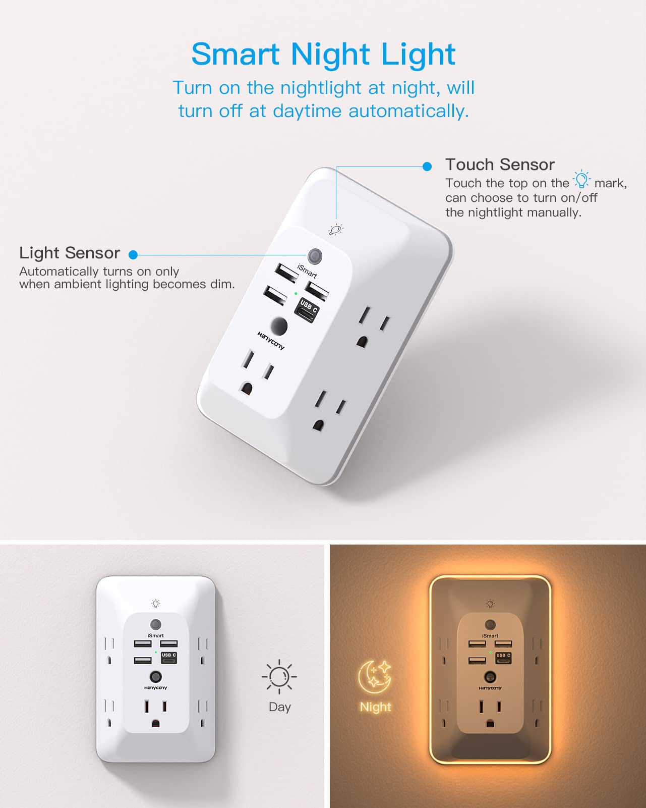 Outlet Extender with Night Light, HANYCONY Multi Plug Outlet, USB Wall Charger Surge Protector 4 USB Ports(1 USB C), Power Strip Electrical Outlet Splitter Expander for Home Office Dorm Room, ETL