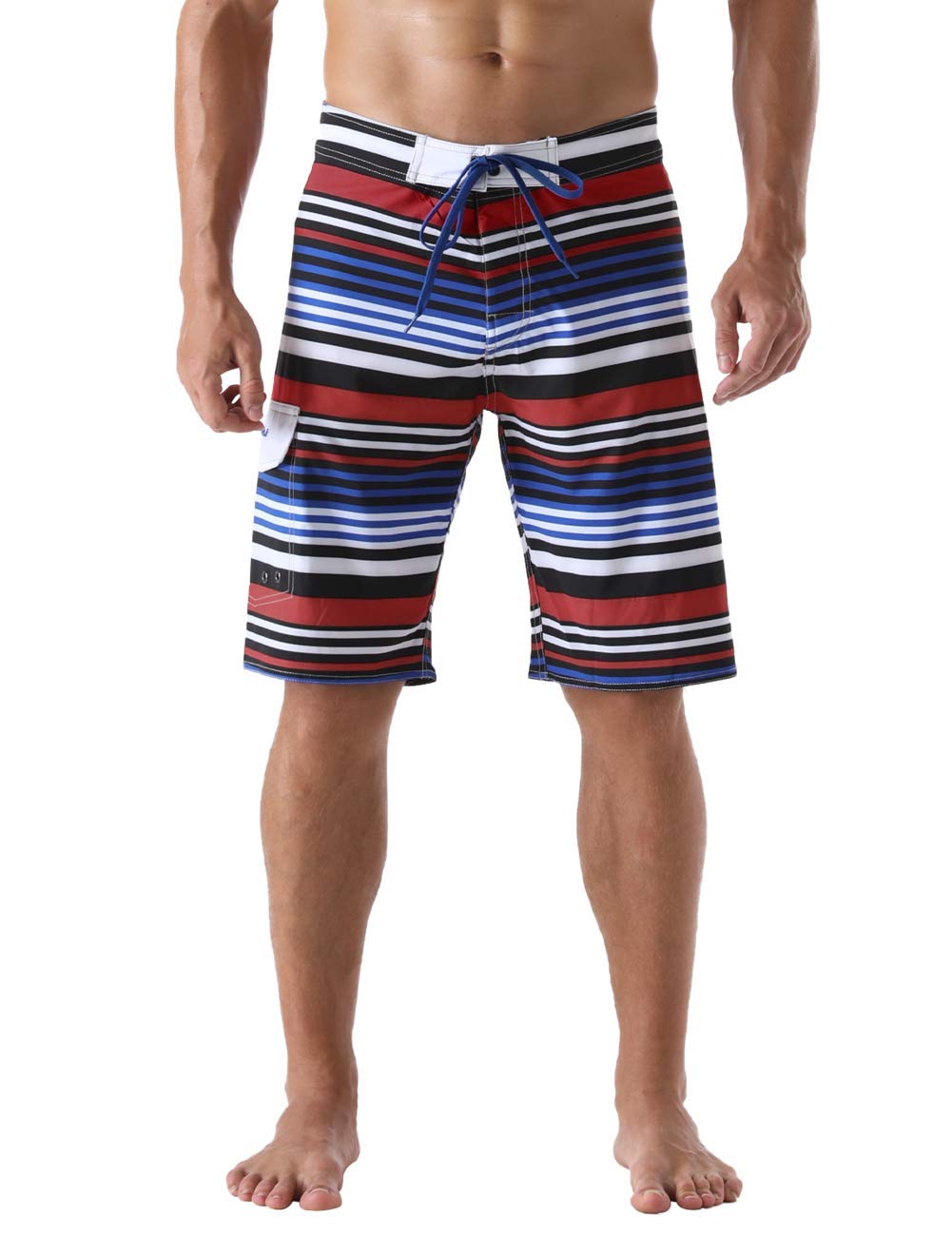 unitop Men's Board Shorts Hawaiian Breathable Colorful Striped Swim Trunks Blue&Red Stripe 40