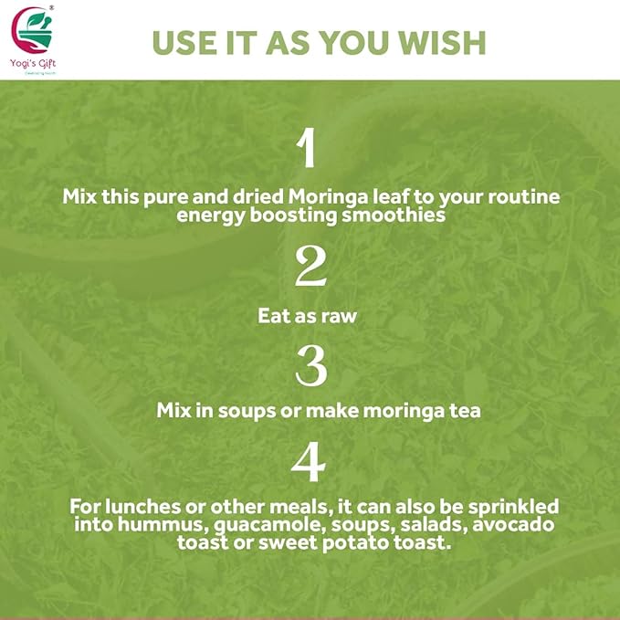 Moringa Leaves Loose 4 oz | Make tea, Springle on salad, Ground and use it | 100% natural Moringa leaf only no stems | te de moringa | by Yogi's Giftยฎ
