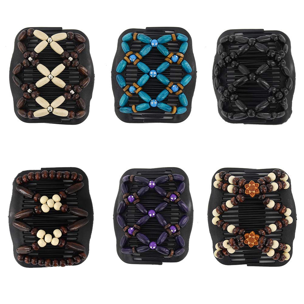 Yeshan Magic Hair Side Combs For Women Wood Beaded Stretch Double Clips Bun Maker Hair Accessories,Pack Of 6