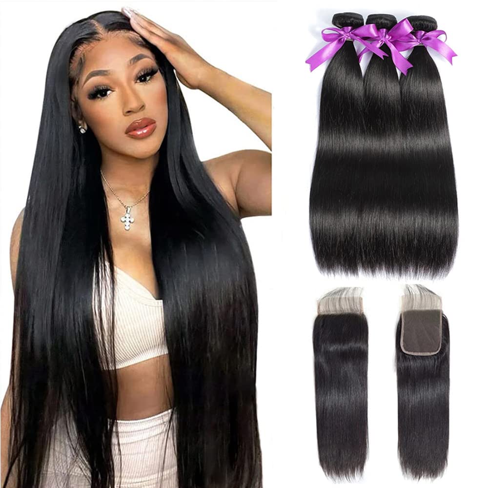 Straight Bundles With Closure Human Hair 20 22 24+18 Brazilian Human Hair Bundles With Closure Straight 100% Unprocessed Virgin