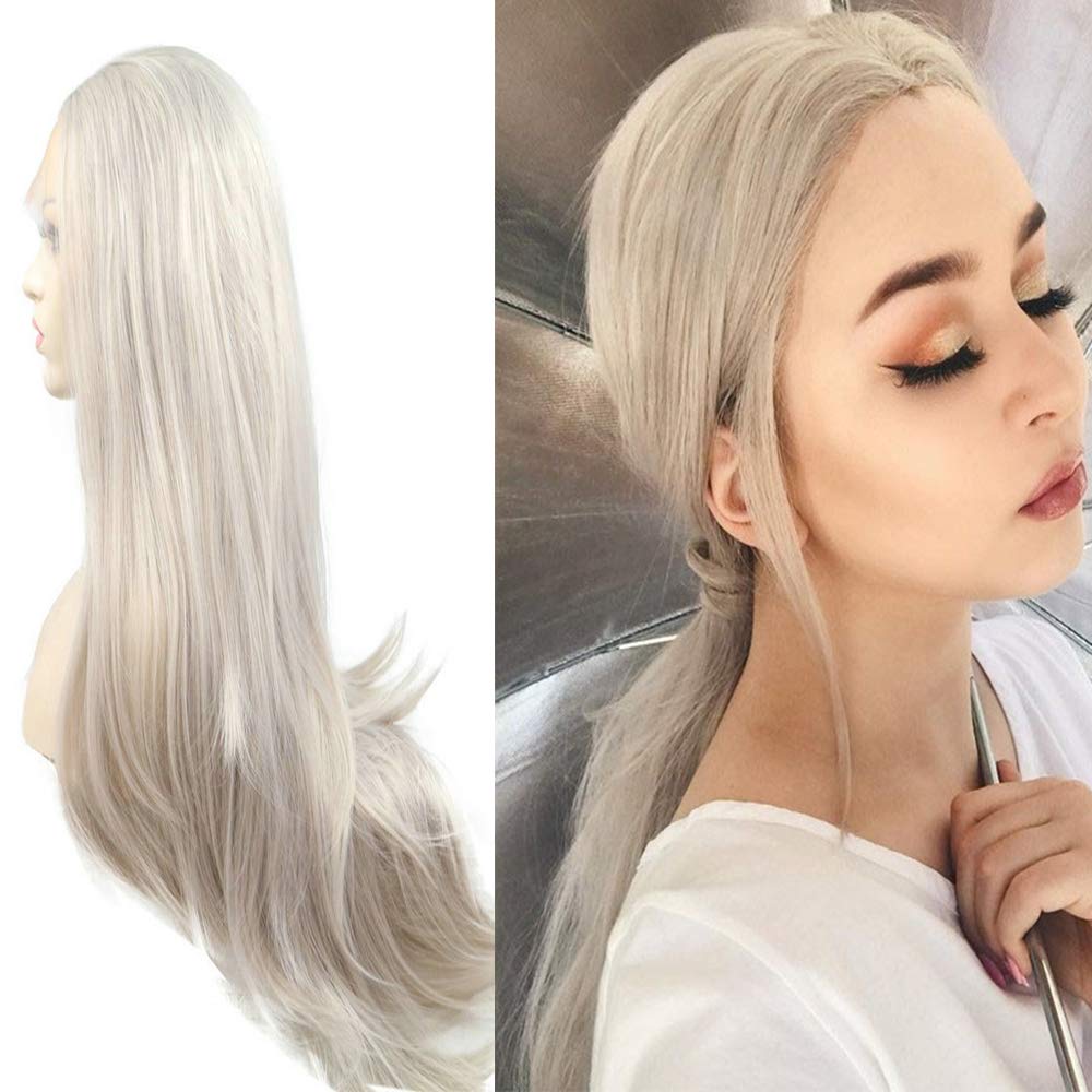 Xiweiya Long Silver Blonde 13 * 4 Lace Front Wigs Light Platinum Silver Synthetic Lace Front Wig Heat Resistant Fiber Half Hand