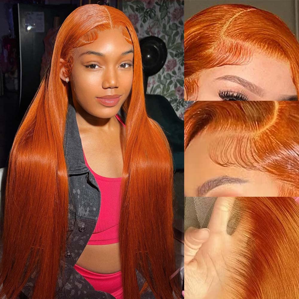 Earlr 24Inch Ginger Lace Front Wig Human Hair 13X4 Hd Transparent Lace Front Wig Colored Straight Lace Front Wig 150% Density Pr