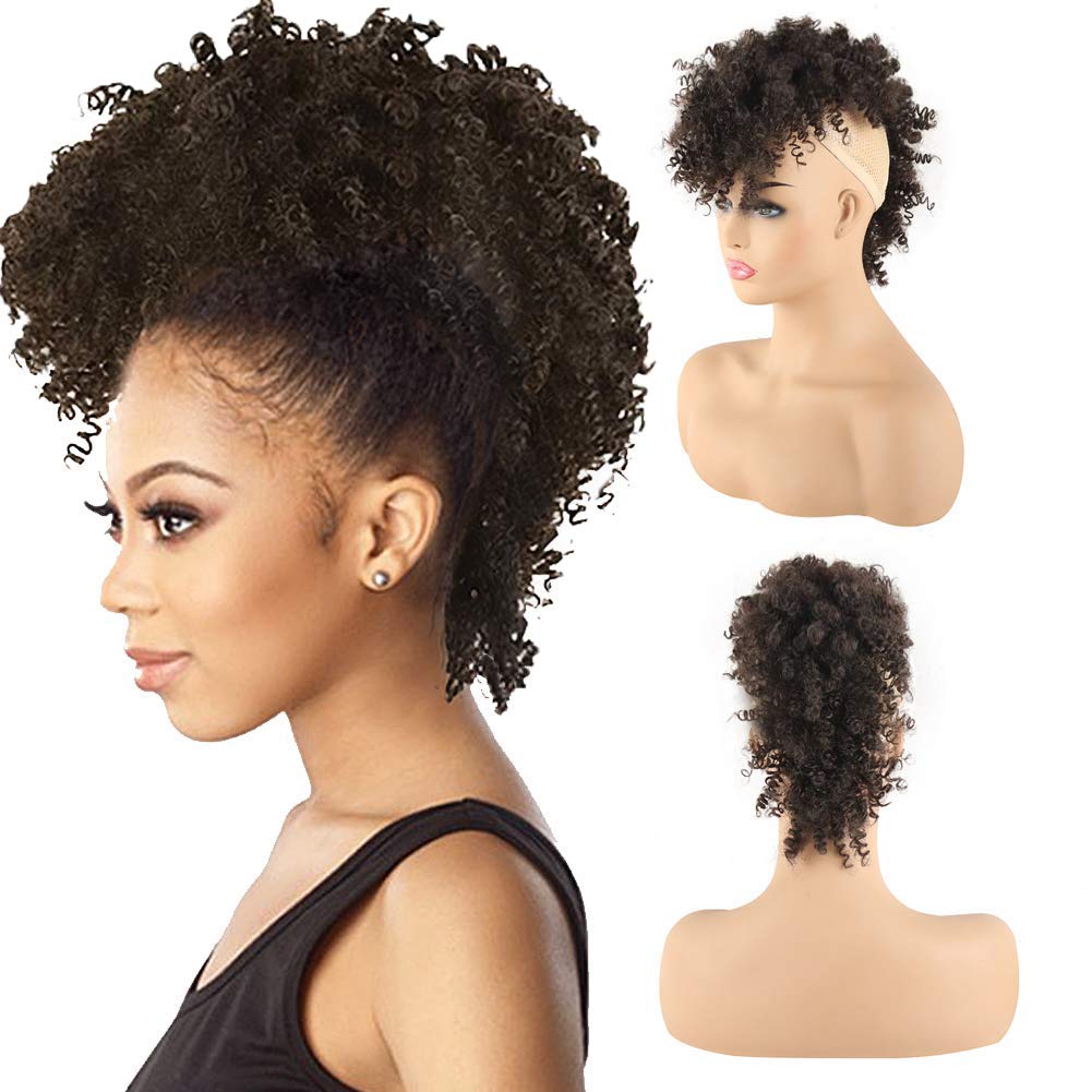 Cinhoo Ponytails Afro High Puff Hair Bun Ponytail Drawstring With Bangs Synthetic Jerry Curly Mohawk Wigs Kinkys Curly Fauxhawks