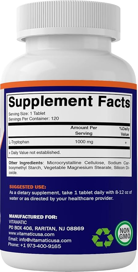 Vitamatic L-Tryptophan 1000mg 120 Tablets (120 Tablets (Pack of 1)) (2 Bottles)