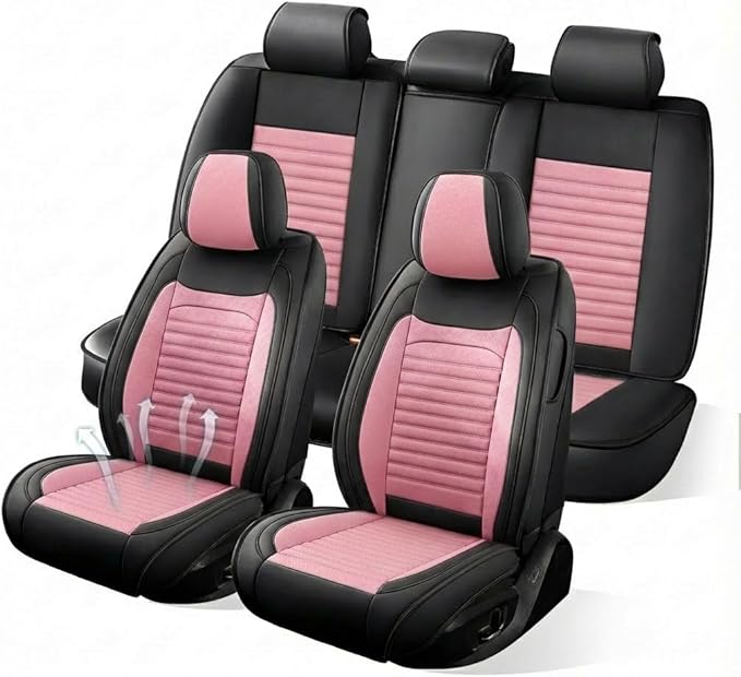 Car Seat Covers Full Set Fit for Toyota C-HR 2018-2022, Premium Faux Leather Car Seat Protector,Breathable Anti-Slip Full Wrapping Edge Seat Covers(Black&Pink,Full Set)