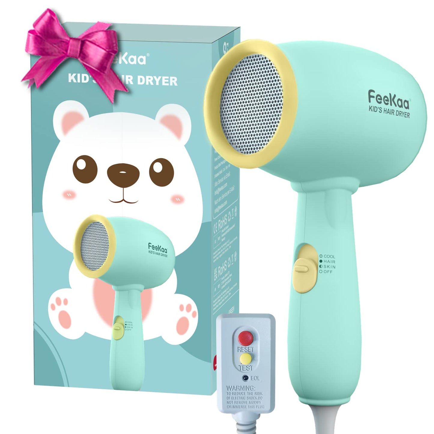 Feekaa Kids Hair Dryer, Low Noise Gentle Heat For Kids Skin, Gift For Children'S Birthday, Christmas, Yellow-Green