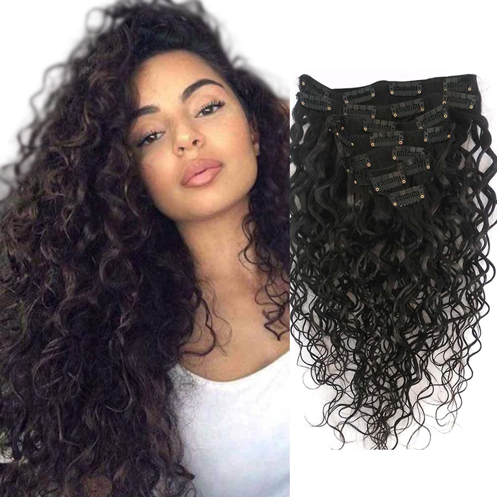 Doren Deep Curly Clip In Human Hair Extensions for Women 8Pcs 20Clips 120g Brazilian Remy Wavy Curly Hair Natural Color 24 Inche