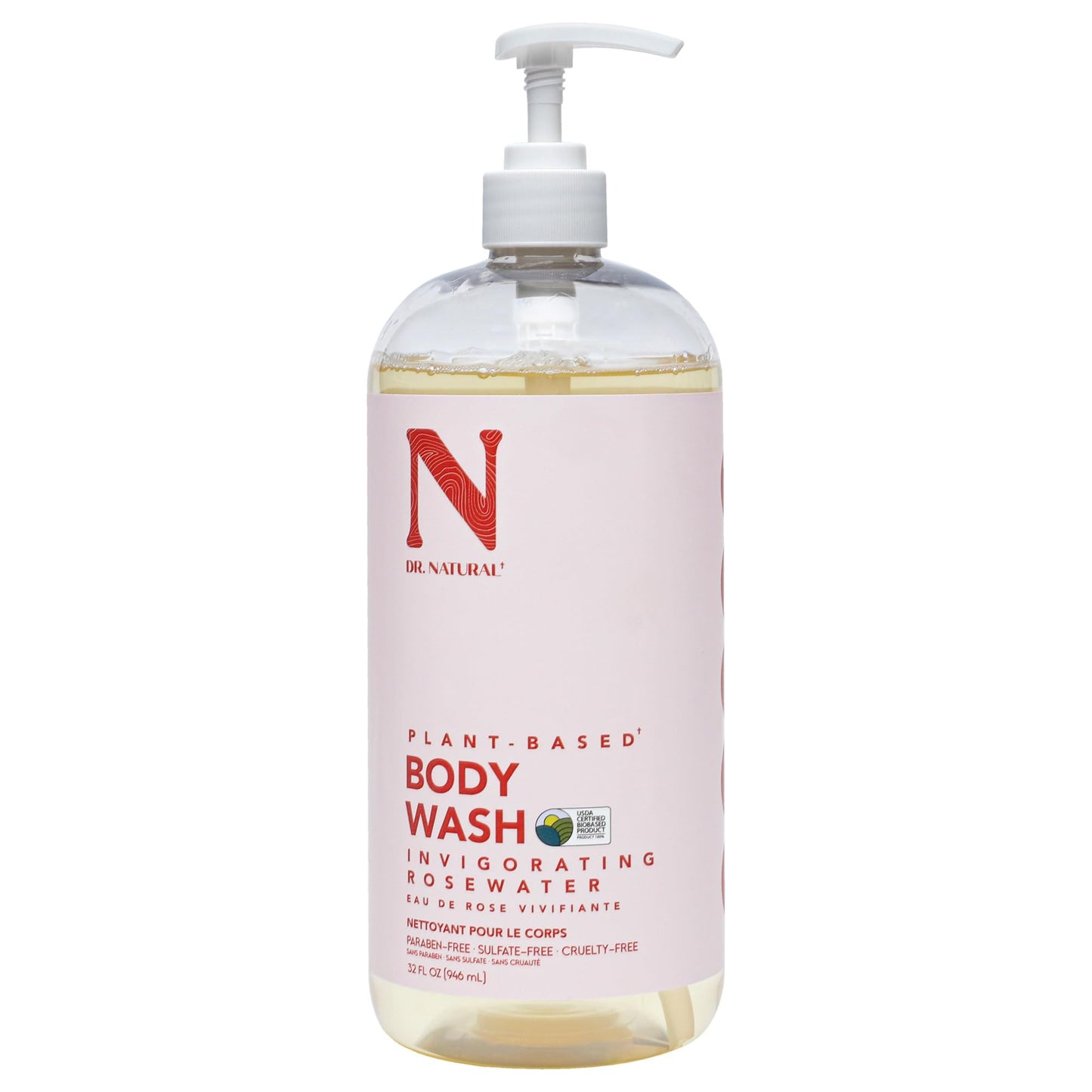 Dr. Natural Body Wash, Invigorating Rosewater, 32 Oz - Moisturizing Body Wash For Dry Skin - Pure Plant-Based - Enriched With Or