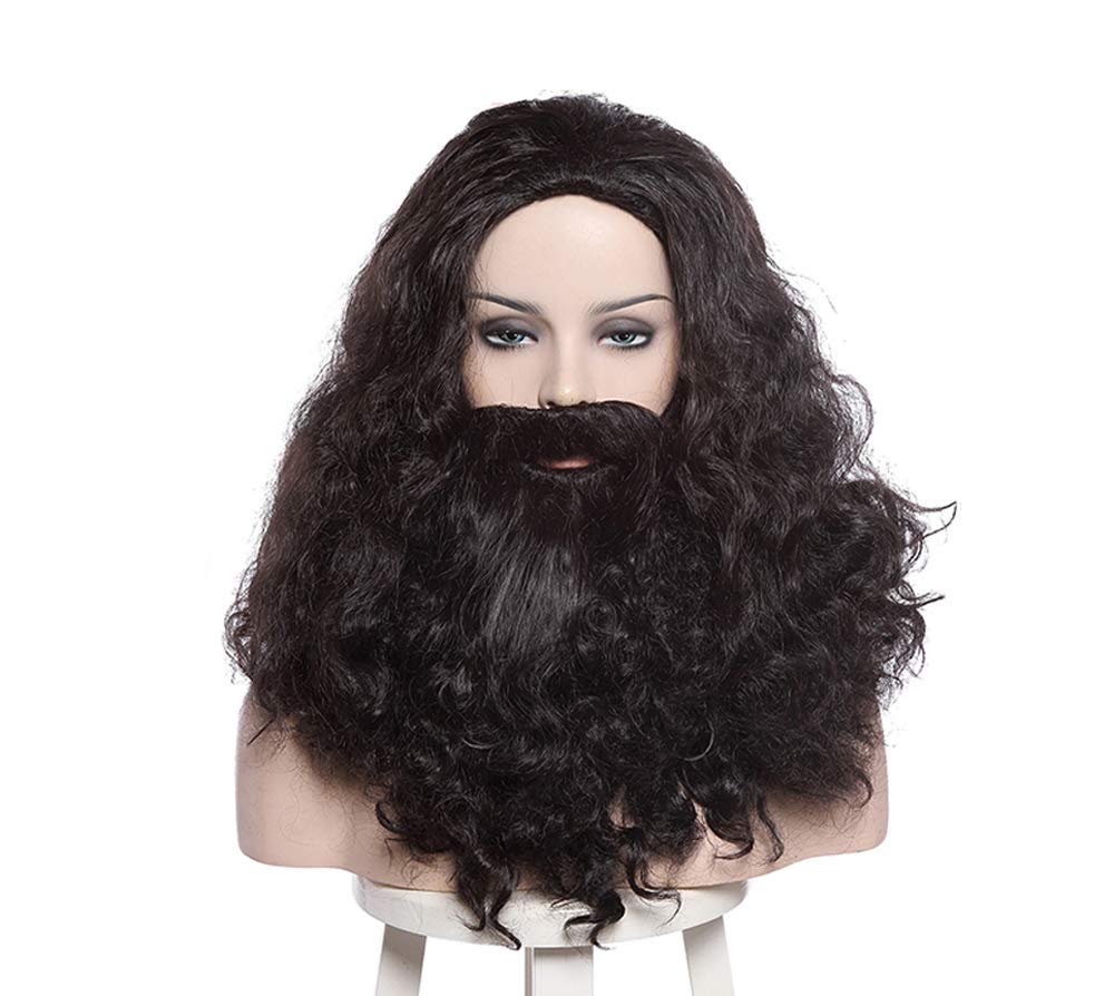 Man'S Long Brown Curly Cosplay Wig With Beard For Move Halloween Wig
