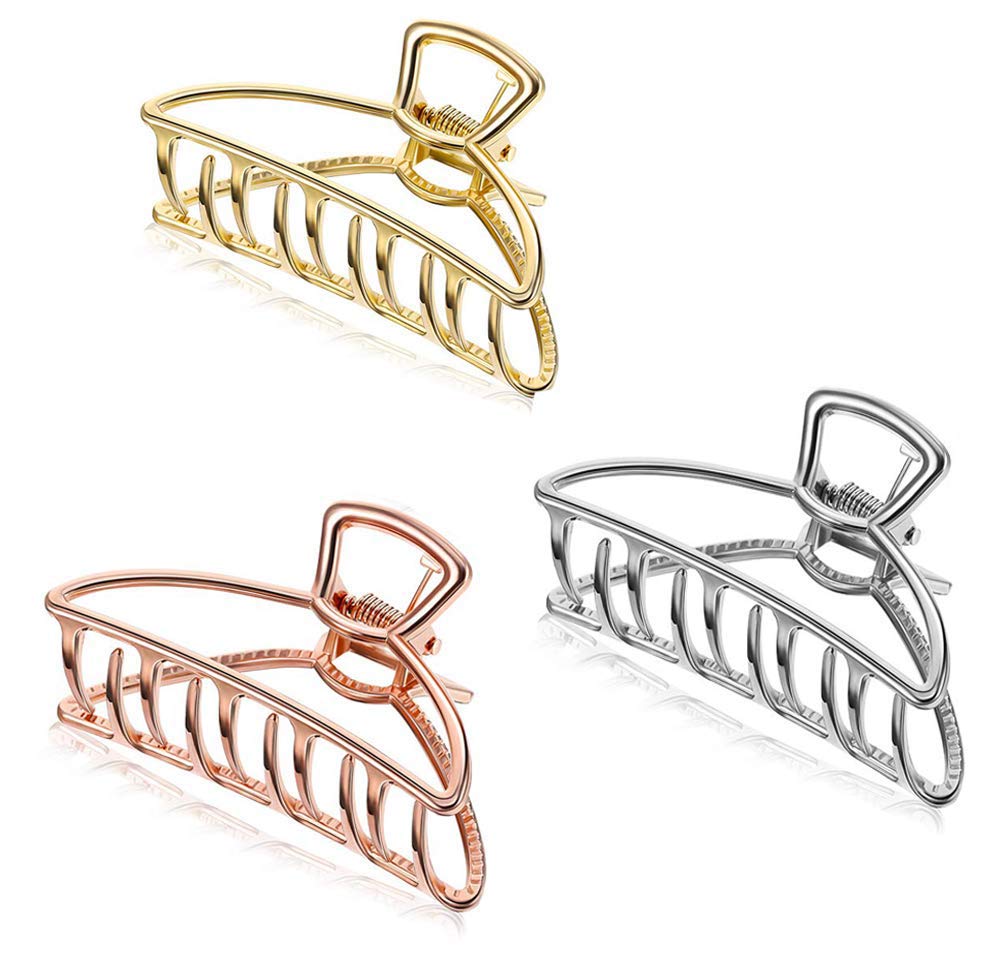 Emoly 3 Pack Large Metal Claw Clips Hollow Non-Slip Hair Catch Jaw Clamp For Women Girls Hair Barrette For Fixing Hair (Silver&G