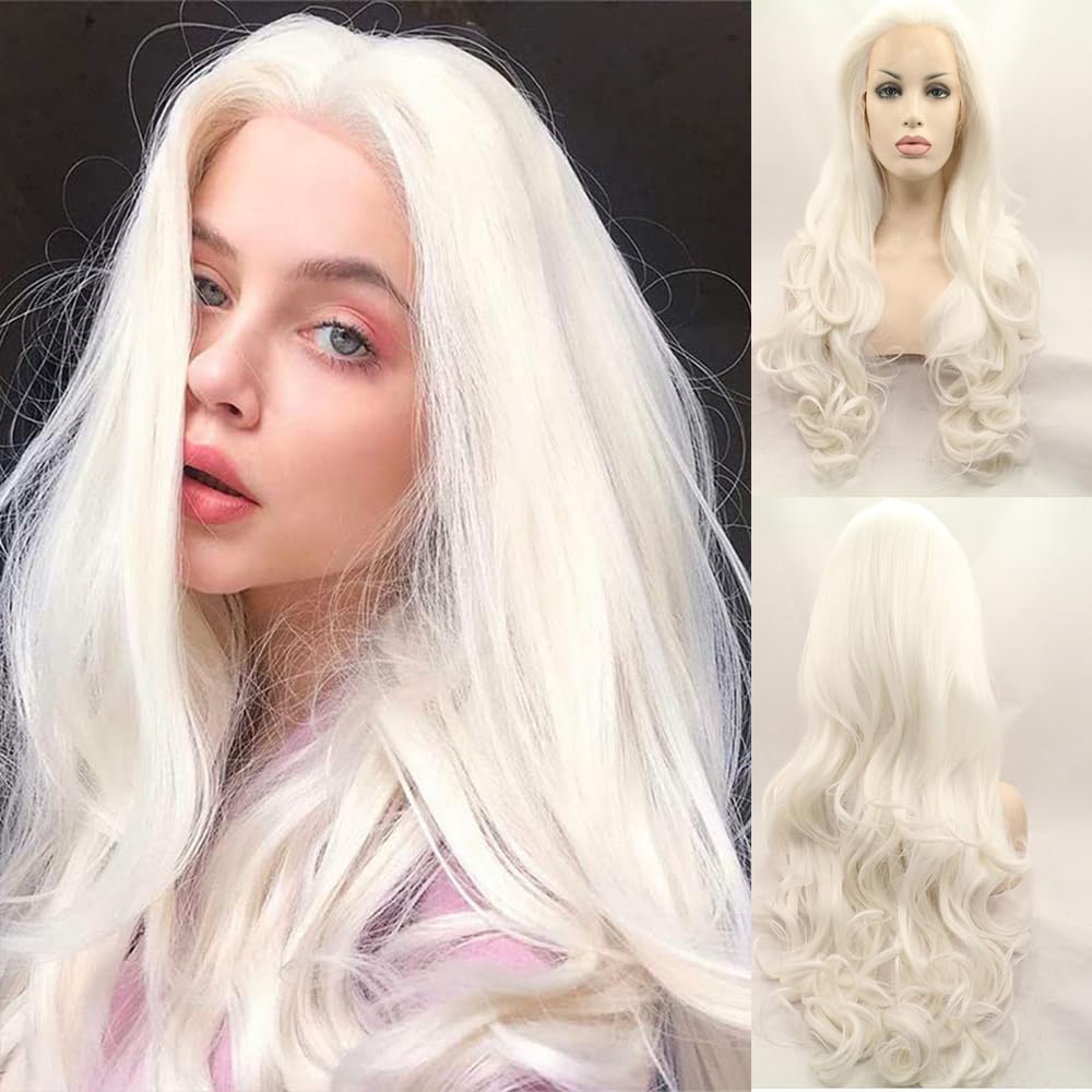 Xiweiya 60# Platinum Blonde Wavy Lace Front Wig Long Natural Wave White Blonde Synthetic Lace Front Wig Silver Blonde Wig Heat R