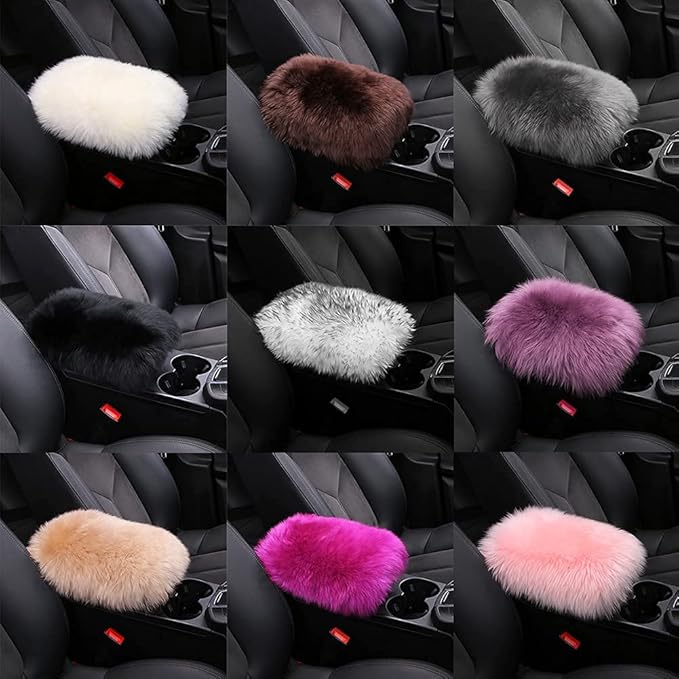 LLB Auto Center Console Cover Pad Universal Fit for SUV/Truck/Car, Genuine Sheepskin Wool Fur Car Armrest Seat Box Cover, Furry Fluffy Auto Armrest Cover Protector (White)