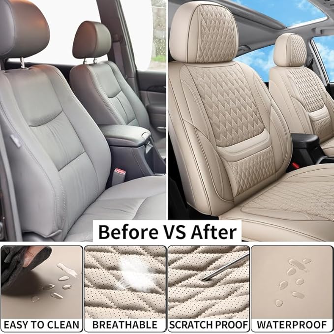 Front Seat Car Seat Covers Custom Fit for Ford Taurus 1999-2018 - Premium Faux Leather with Lumbar Support | Breathable, Waterproof, Anti-Slip, Durable (Beige,Front Seat)