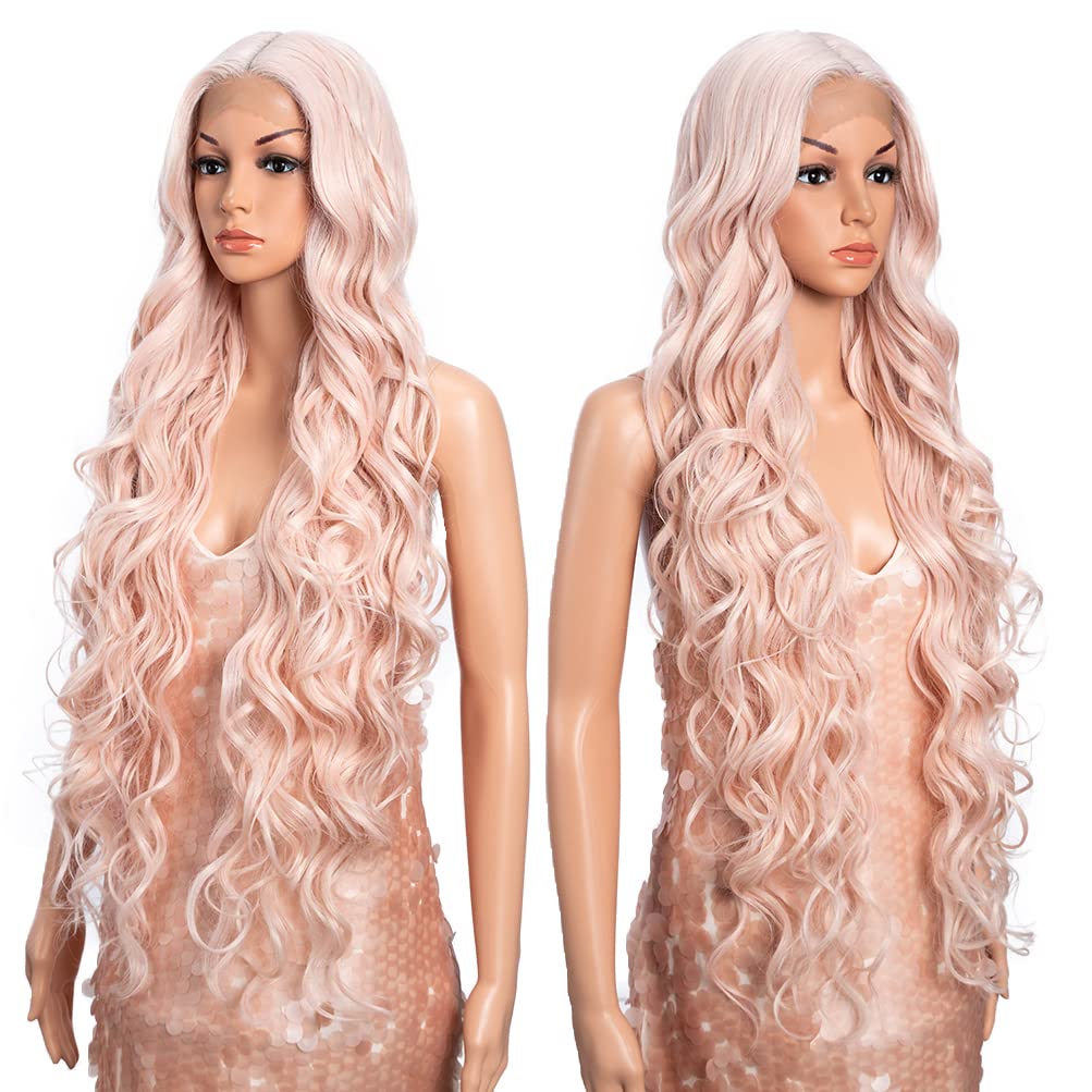 Style Icon 36'' Lace Front Wigs Super Long Big Curl Pink Wigs With Baby Hair 130% Density Heat Resistant Fiber Synthetic Wig (36