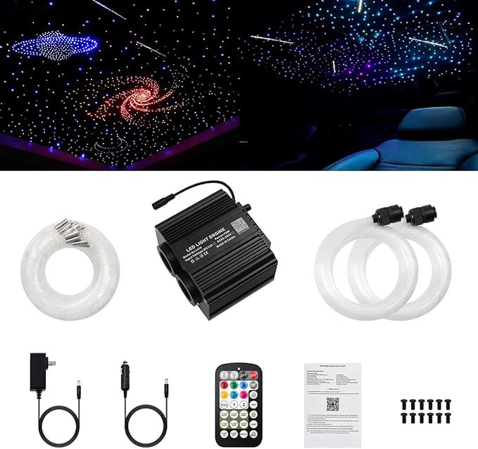 AMKI Dual Color 18W Twinkle&Meteor Starlight Headliner Kit 700pcs 0.03in 9.8ft+240pcs Pure White Shooting Star,Updated 2 in 1 Starlight Box RGBW Sound Activated Mode for Car Home Decor