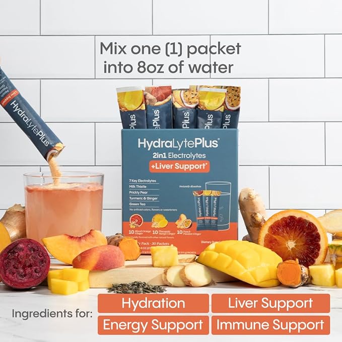 Hydralyte Liver Support + Electrolyte Mix with Milk Thistle, Turmeric, Ginger, Prickly Pear, Green Tea Extract Formulated for Rapid Rehydration (Blood Orange Ginger, 20 Packets)