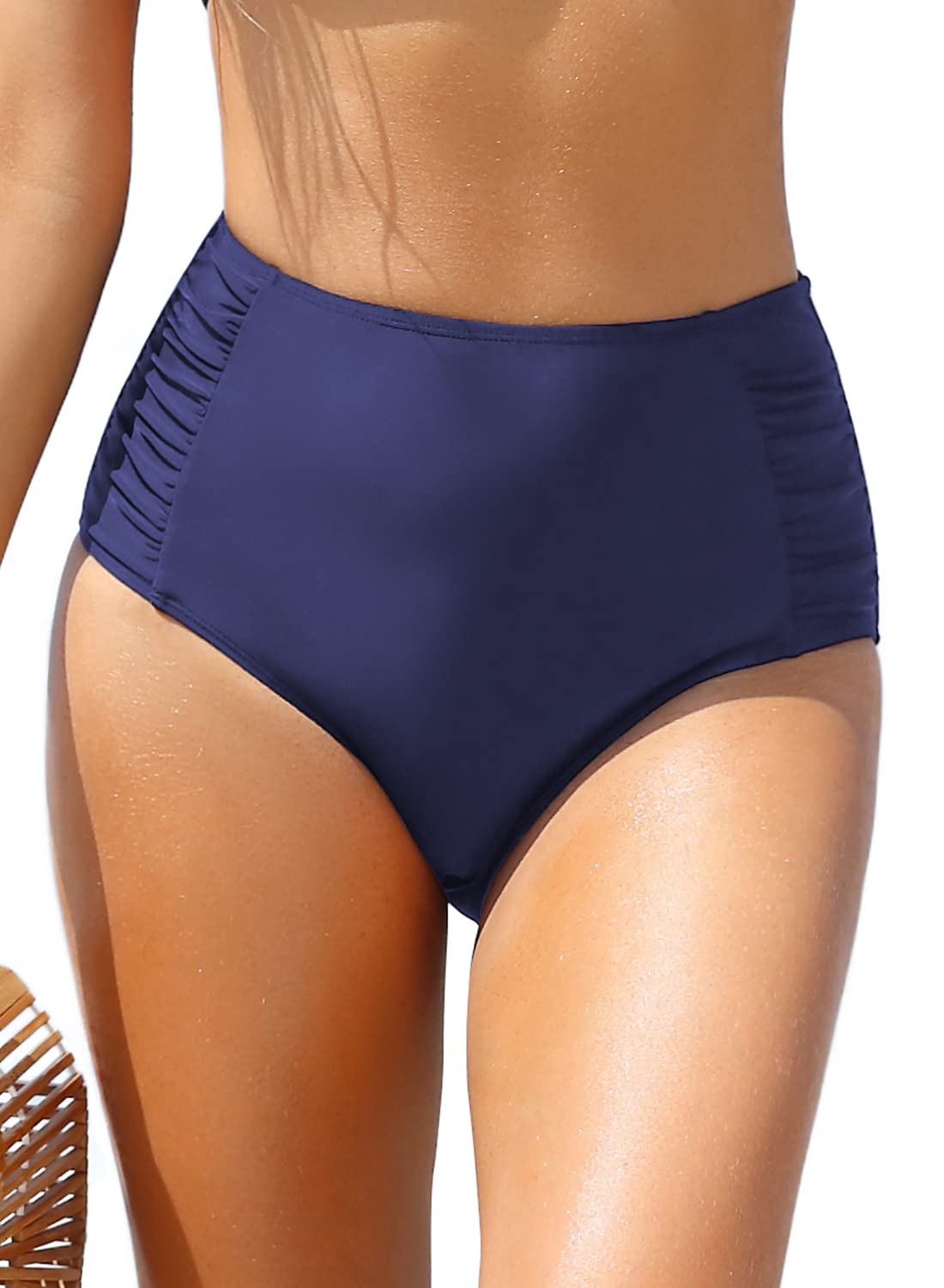 SHEKINI Women's Retro Bikini Bottom Ruched Swimsuit Bottoms High Waisted Bathing Suit Bottom(Deep Blue, Medium)