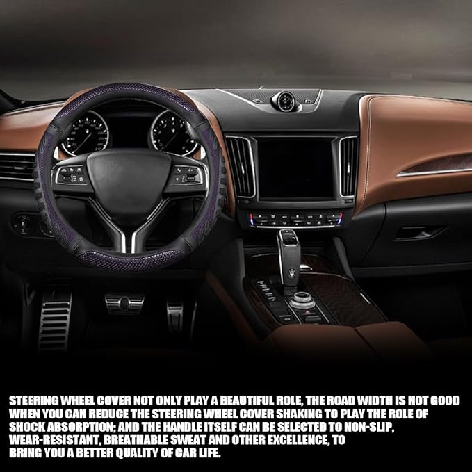 Car Steering Wheel Cover, Anti-Slip Leather Breathable Comfortable Automotive Steering Wheel Cover Protector Decoration for Men and Women, 15 Inch Universal for SUV, Truck, RV(Purple)