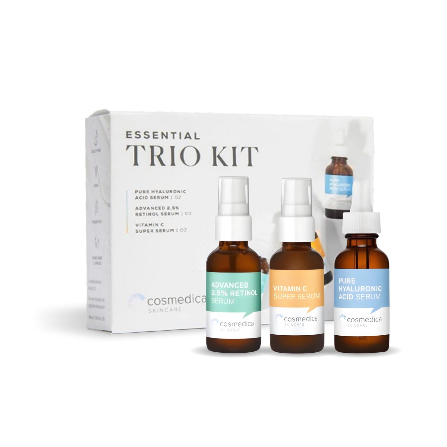 Cosmedica Skincare Facial Serum Trio Set Value For Clear Skin - Vitamin C Super Serum, 2.5% Retinol Serum, Pure Hyaluronic Acid